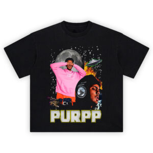 Smokepurpp UFO Drip Graphic T-shirt with moon, spaceship, fire, and pink hoodie collage