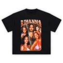 Rihanna Collage T-Shirt with lightning background and bold multi-portrait design.
