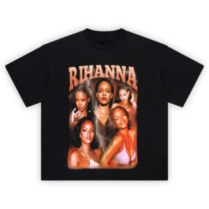 Rihanna Collage T-Shirt with lightning background and bold multi-portrait design.