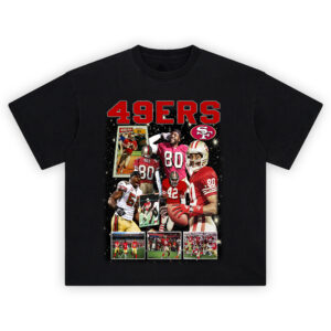 San Francisco 49ers Legacy Graphic Tee featuring collage of Jerry Rice, Joe Montana, and 49ers stars with cosmic background