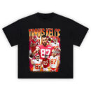 Travis Kelce Fire Zone T-shirt featuring action collage of Kelce in Chiefs red and white with flame background