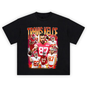 Travis Kelce Fire Zone T-shirt featuring action collage of Kelce in Chiefs red and white with flame background