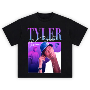 Tyler the Creator Retro Gradient Tee with collage of portraits in bold purple hues