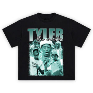 Tyler the Creator Green Collage T-Shirt featuring iconic outfits and performance moments in teal tones