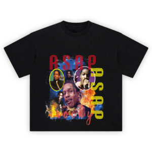 ASAP Rocky T-Shirt with fire and lightning collage of the Harlem rap and fashion icon