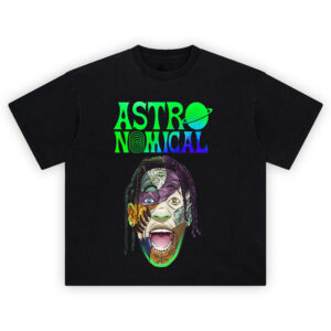 AstroNomical Travis Face Mashup T-shirt featuring surreal concert-inspired artwork