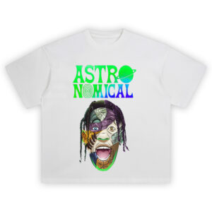 AstroNomical Travis Face Mashup T-shirt featuring surreal concert-inspired artwork