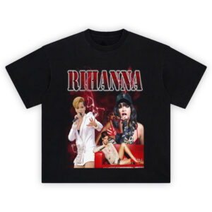 Rihanna Red Aesthetic Graphic Tee featuring collage of Rihanna in powerful red-toned stage and fashion moments