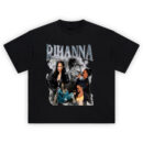 Rihanna Vintage Superstar Graphic Tee featuring black-and-white collage of Rihanna’s iconic fashion moments