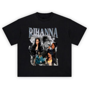 Rihanna Vintage Superstar Graphic Tee featuring black-and-white collage of Rihanna’s iconic fashion moments