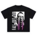 Fall Out Boy Neon Tears Graphic T-shirt featuring grayscale portrait with purple embroidered-style tears and distressed band text