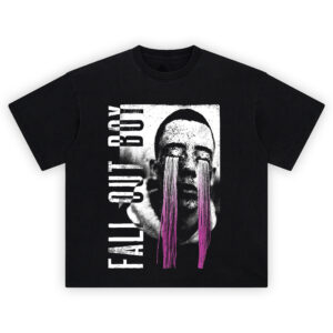 Fall Out Boy Neon Tears Graphic T-shirt featuring grayscale portrait with purple embroidered-style tears and distressed band text