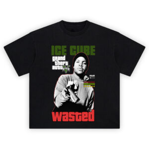 GTA Ice Cube Tee featuring Wasted screen, HUD elements, and grayscale Ice Cube