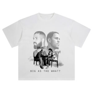 Drake J Cole Chess T-Shirt showing both rappers in grayscale playing chess, with floating heads and “Big As The What?” text.