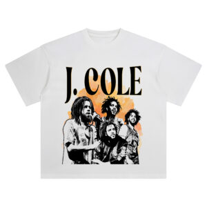 J Cole Sunset Silhouette T-Shirt with shadowed figures in front of an orange watercolor sky, bold “J COLE” text overhead.