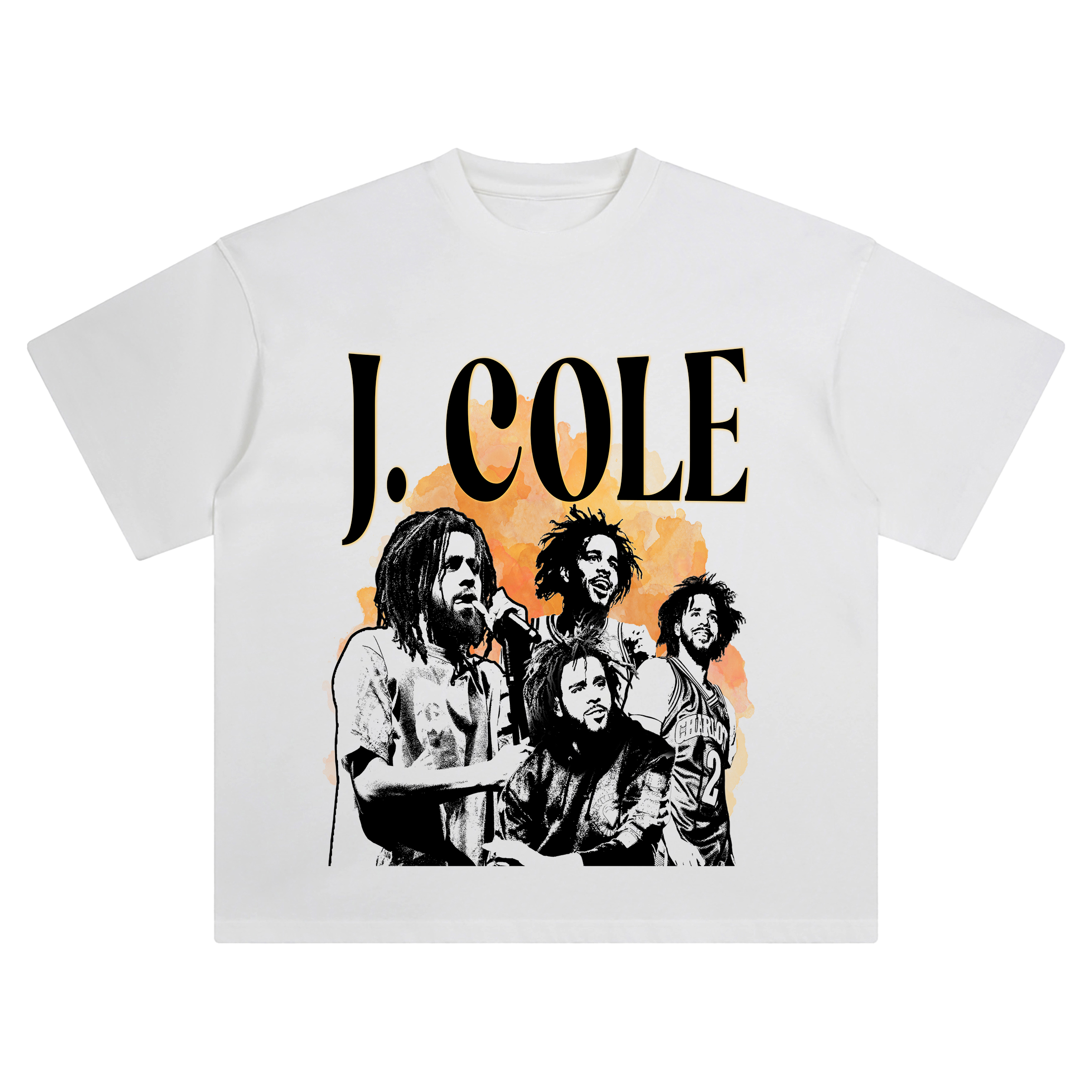 J Cole Sunset Silhouette T-Shirt with shadowed figures in front of an orange watercolor sky, bold โJ COLEโ text overhead.
