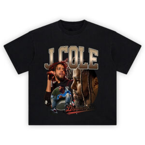 J Cole Dreamville T-Shirt featuring a collage of Cole performing, in profile, and sitting on a rooftop, with bold text and Dreamville logo.