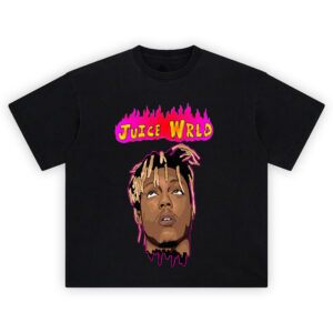 Juice WRLD Flame Shirt featuring cartoon portrait and bright flame background