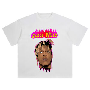 Juice WRLD Flame Shirt featuring cartoon portrait and bright flame background