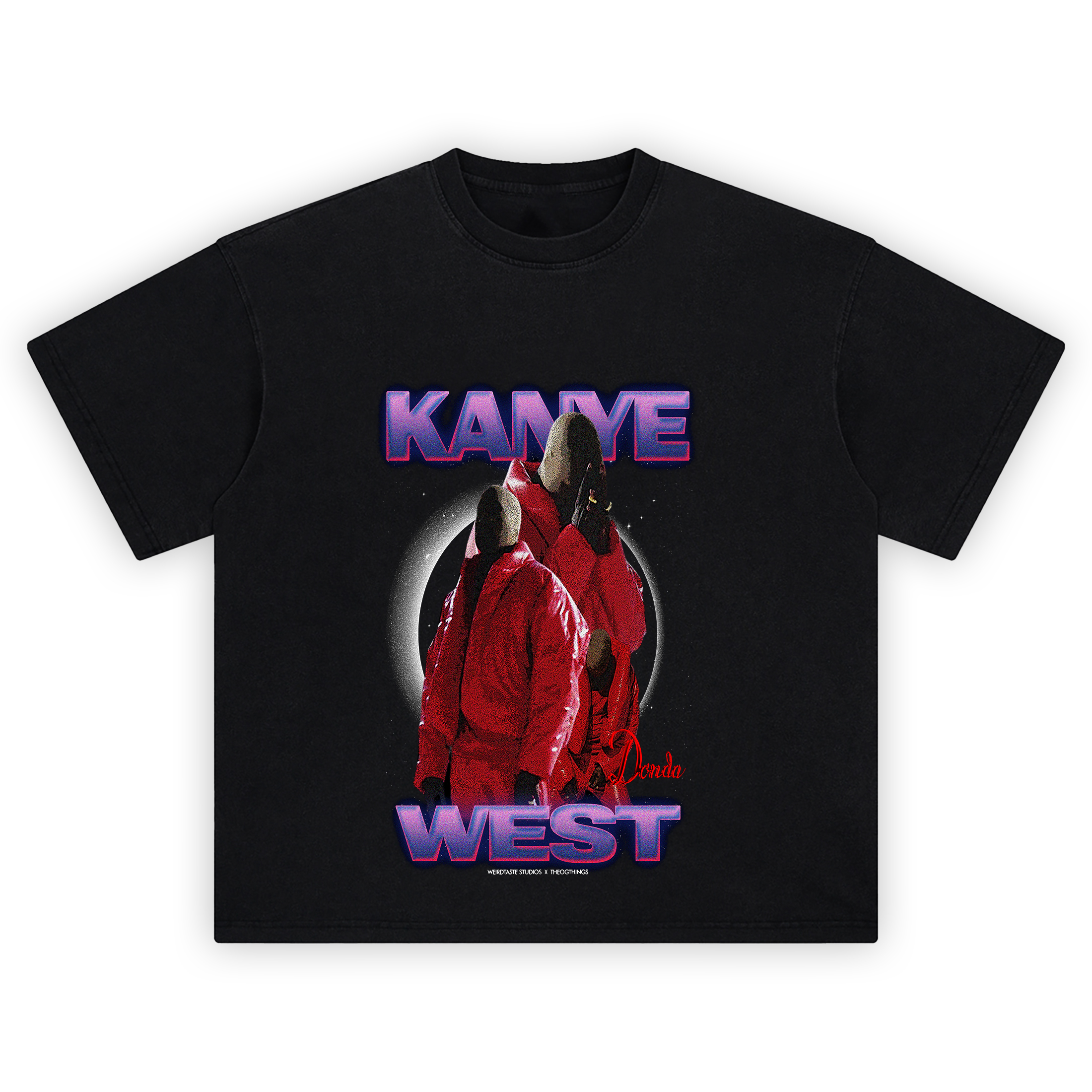 Kanye West Donda Era Graphic T-shirt featuring red outfits and masked silhouettes on a black and cosmic background