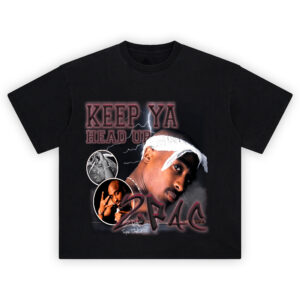 2Pac T-Shirt with lightning and Keep Ya Head Up message featuring Tupac Shakur