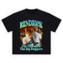 Kendrick Lamar Big Steppers T-Shirt with Kendrick holding child and lying in front of flames, retro title text referencing Mr. Morale & The Big Steppers.
