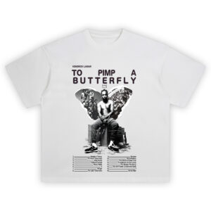 Kendrick Lamar Butterfly T-Shirt showing Kendrick seated in black and white, with butterfly wings formed from protest and crowd imagery, album title overhead.