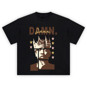 Kendrick Lamar Damn Crown T-Shirt with a stylized portrait of Kendrick in broken panels, wearing a crown, with stars and “DAMN.” text above.