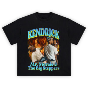 Kendrick Lamar Big Steppers T-Shirt with Kendrick holding child and lying in front of flames, retro title text referencing Mr. Morale & The Big Steppers.