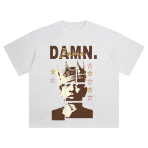Kendrick Lamar Damn Crown T-Shirt with a stylized portrait of Kendrick in broken panels, wearing a crown, with stars and “DAMN.” text above.