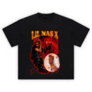 Lil Nas X Montero Inferno Graphic T-shirt featuring fiery red collage of Lil Nas X in bold and ethereal visuals