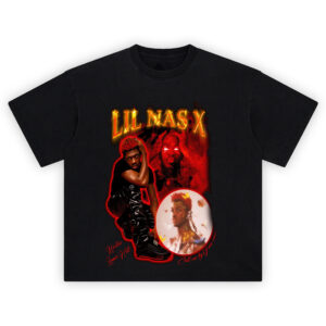 Lil Nas X Montero Inferno Graphic T-shirt featuring fiery red collage of Lil Nas X in bold and ethereal visuals