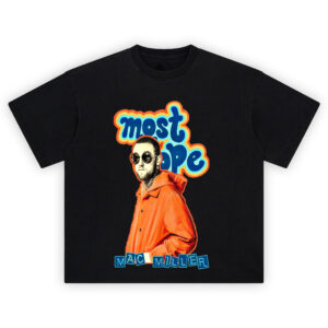 Most Dope Mac Miller Tribute T-shirt featuring retro graphic with Mac in orange coat and bold lettering