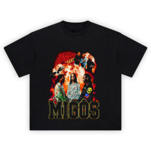 Migos T-Shirt with fiery collage of Quavo, Offset, and Takeoff in bold hip-hop tribute
