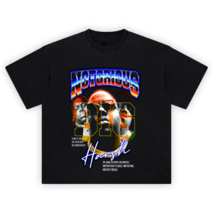 Notorious BIG Harsh Realities Graphic T-shirt with neon lettering and Biggie collage plus rap lyrics