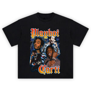 Playboi Carti Gothic Flame Shirt featuring chains, fire, and rapper portraits