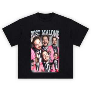 Post Malone Pink Suit T-Shirt showcasing a collage of Posty in a pink tuxedo with lightning background and multiple facial expressions.