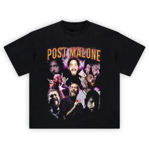 Post Malone Purple Collage T-Shirt featuring multiple images of the artist with lightning accents and a purple backdrop.