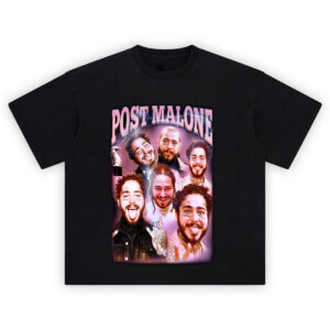 Post Malone Rockstar Era Graphic Tee featuring expressive collage of tattooed portraits and lightning effects