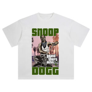Snoop Dogg GTA Street Vibe T-shirt featuring Snoop illustration riding bike with GTA logo and palm trees