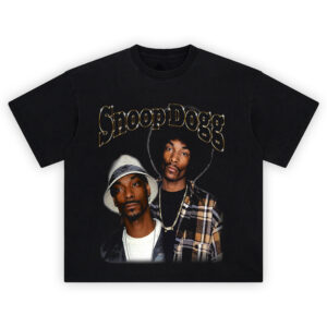 Snoop Dogg West Coast Legacy Graphic T-shirt featuring bucket hat and flannel Snoop collage with black background and gold star text