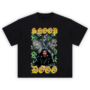 Snoop Dogg Legacy Shirt with collage of Snoop and green leaf background