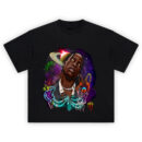 Travis Scott Astroworld Cosmic Thrill Graphic T-shirt featuring surreal galaxy theme with rollercoasters, planets, and neon Travis illustrations