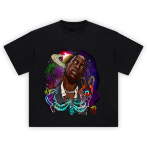Travis Scott Astroworld Cosmic Thrill Graphic T-shirt featuring surreal galaxy theme with rollercoasters, planets, and neon Travis illustrations