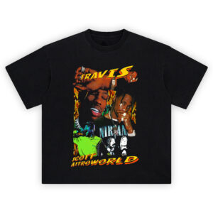 Travis Scott Astroworld Inferno Graphic T-shirt featuring fiery collage of Travis performing and posing in grunge-style layers