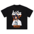 Last Kings Tyga Tee with orange splash background and Tyga wearing bucket hat