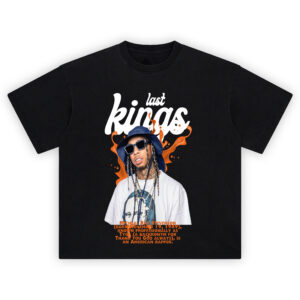 Last Kings Tyga Tee with orange splash background and Tyga wearing bucket hat