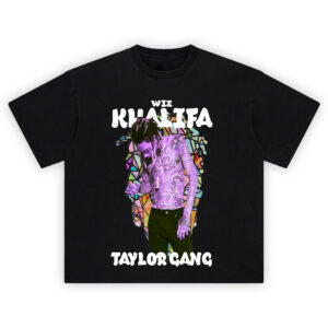 Wiz Khalifa Taylor Gang Shirt with purple ink design and stained-glass background