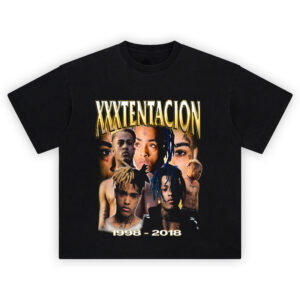 XXXTentacion 1998–2018 T-Shirt collage design with gold lettering and multiple X portraits