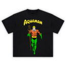 Aquaman Classic DC Comics Graphic T-shirt featuring Arthur Curry holding trident, in orange and green suit under yellow Aquaman comic logo.